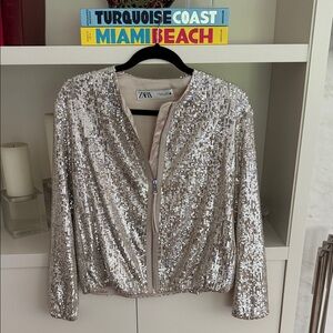 Zara Silver Sequin Bomber Jacket